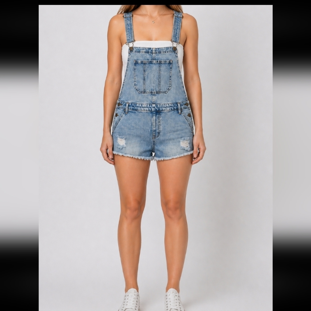Denim Shorttails Overalls with Distressed Details XL Wild FABLE